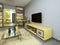 TV unit in living room with yellow TV on the wall.