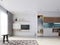 A TV unit, TV wall, TV set, with a TV and bookshelves. white decorative brick wall. Wood texture and matt white lockers