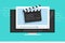 Tv video player with film slate clapper board or television cinema multimedia vector flat cartoon, idea of movie