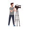 TV videographer cameramen recording material for news using video camera on tripod movie making concept. Vector