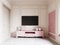 TV on the wall and pink TV stand with decorative pillows and vases in the children`s room