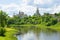 Tvertsa river and Borisoglebsky monastery on a sunny July day. Torzhok, Russia