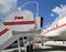 TWA Hotel`s 1958 Lockheed Constellation airplane in front of the landmark TWA Flight Center building designed by Eero Saarinen