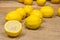 Twelve beautifully colored lemons on a canvas