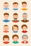 Twelve Colorful flat faces icons of men and women in different ages: Young, adult, senior.