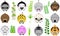 twelve cute funny vector illustrated sticker icon buttons of round animals with tail and paws, and foliage leaves