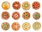 Twelve different pizzas