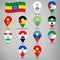 Twelve flags the Provinces of Ethiopia -  alphabetical order with name.  Set of 2d geolocation signs like flags Regions of Ethiopi