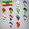 Twelve flags the Provinces of Ethiopia -  alphabetical order with name.  Set of  3d geolocation signs like flags Regions of Ethiop