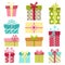 Twelve flat cartoon gift boxes on white background