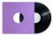 Twelve inch black vinyl record in violet sleeve