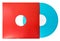 Twelve inch color vinyl blue record in red sleeve