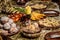 Twelve meatless dishes in Ukraine, Belarus and Poland. Delicious Christmas themed dinner table. Flat lay