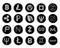 Twenty black and white icons with images of various symbols of digital crypto currency, such as bitcoin