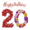 Twenty digit made of different flowers on white background. Happy birthday inscription. Vector illustration