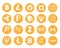 Twenty golden icons with white images of various symbols of digital crypto currency, such as Bitcoin