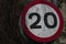 Twenty mile per hour street sign on twigs background