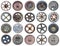 Twenty rusty metal retro wheels from an agricultural machinery  isolated set