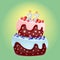 Twenty seven year birthday cute cartoon festive cake with candle number 27. Chocolate biscuit with berries, cherries and