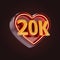 Twenty thousand or 20k follower celebration love icon neon glow lighting 3d render