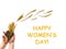 twig mimosa in children's hands on white background. Greeting Card with text happy women's day on March 8th