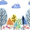 Twigs, leaves, watercolor trees with doodles in drawings, vector seamless border