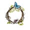 Twigs watercolor green circle wreath with leaves, butterfly and bugs. Floral frame, hand drawn round template