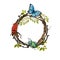 Twigs watercolor green circle wreath with leaves, butterfly and bugs. Floral frame, hand drawn round template