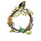 Twigs watercolor green circle wreath with leaves, butterfly and bugs. Floral frame, hand drawn round template