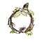 Twigs watercolor green circle wreath with leaves, butterfly and bugs. Floral frame, hand drawn round template