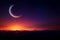 Twilight backdrop: Crescent moon, star, Arabic text, and vibrant sky