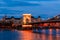 Twilight in Budapest, the Chain Bridge over the Danube, the reflection of night lights on the water