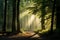 A twilight descends upon a dense forest, a beam of sunlight pierces through the foliage, illuminating a secluded grove 01