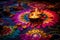 Twilight Diwali Celebration with Colorful Rangoli and Festive Sweets