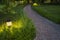 Twilight garden scene with lamp and brick curved road