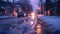 Twilight Glow on Snowy Suburban Street in Winter Evening GenerativeAI