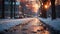 Twilight Glow on Snowy Suburban Street in Winter Evening GenerativeAI