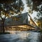 Twilight Harmony: Library Exterior Blending Nature and Architecture. Generative ai