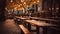 Twilight illuminates the cityscape, outdoor bar wood flooring defocused generated by AI