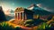 Twilight Majesty: Illustration of an Ancient Greek Temple Amidst Mountainous Splendor