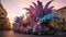 Twilight Majesty: A Vibrant Mardi Gras Float with a Majestic Peacock