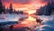 Twilight\\\'s Frosty Embrace: Sunset Over Snow-Clad Forest