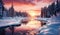 Twilight\\\'s Frosty Embrace: Sunset Over Snow-Clad Forest