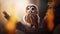 Twilight Sentinel: Majestic Owl overlooking the forest at sunset. Generative AI