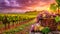 Twilight in a serene vineyard lush grape rows in vibrant hues, freshly harvested in a rustic basket