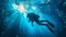 Twilight shot of marine biologist swimming with dolphins in high quality underwater image