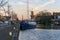 Twilight after sunset shot Of Highest Windmill in the World and Vessel on Foreground in Schiedam, Netherlands is famous