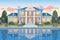 twilight view of a greek revival home with a reflective pond, magazine style illustration