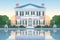 twilight view of a greek revival home with a reflective pond, magazine style illustration