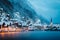 Twilight view of Hallstatt in winter, Salzkammergut, Austria